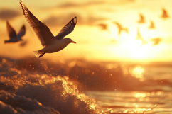 Seagull Flying Over the Ocean Background Wallpaper Product Image 1