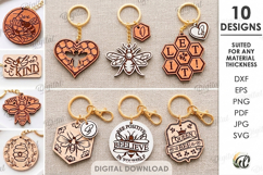 Bee Keychains Bundle Laser Cut. Honey Bee Key Rings SVG Product Image 1