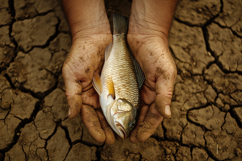 Dead Fish on Hand with Cracked Earth Background Wallpaper Product Image 1