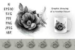 Rosehip flower pattern. AI UPS 10, SVG, PDF, PNG, JPEG, ABR.  Graphic pencil drawing with hatching