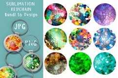 A set of round keychains. Keychain Sublimation Design.  A set of round key chains for keys. Sublimation Keychain Design. Bright colorful space. Surreal drawing of mixing colors.