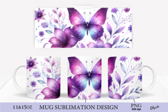 Violet Butterfly Mug Sublimation Wrap PNG. 11OZ, 15 OZ Product Image 1