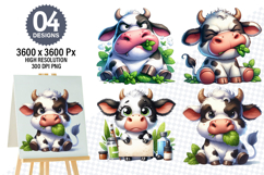 Watercolor Funny Cow Designs, Farm Animal Clipart PNG Product Image 1