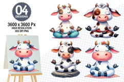 Watercolor Funny Cow Designs, Farm Animal Clipart PNG Product Image 1