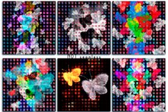 Bundle of Patterns/Scrapbooking Backgrounds.Neon moths.  A pattern of many squares. Multicolored complex textures. Colorful bright design. Neon butterflies or moths flying into the light