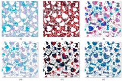 Bundle of Seamless shiny textures/Festive Hearts &amp; Candies  A COMPLEX ORNAMENT OF thin white, as if cut out of paper, sweets and hearts. Backgrounds - Silver, with sparkles and sparkles, seamless textures of blue, pink and red, mother of pearl, dark satur