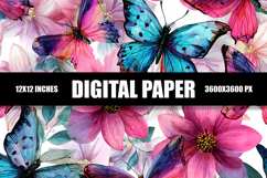 Watercolor Flowers and Butterfly Digital Paper Product Image 1