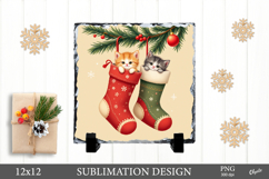 Christmas Slate Sublimation, Kittens in Socks PNG Product Image 1