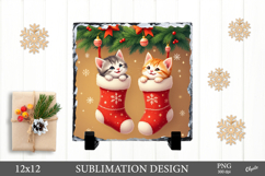 Christmas Slate Sublimation, Cute Kittens in Socks PNG Product Image 1
