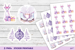 Cute Lilac Christmas Stickers PNG. Watercolor Christmas PNG Product Image 1