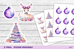 Cute Lilac Christmas Stickers PNG. Watercolor Christmas PNG Product Image 1