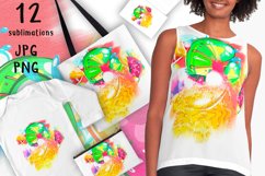 Sublimation design. Clipart. Fruit rainbow. Drops of juice or water. Abstraction, surrealism. Bright and colorful. Clothing, T-shirt, children's clothing, bag, postcard, cosmetic bag with sublimation design