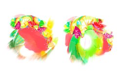 Sublimation design. Clipart. Fruit rainbow. Drops of juice or water. Abstraction, surrealism. Bright and colorful.Drawing of two color spots