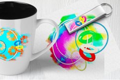 A mug, a keychain, and a napkin with a sublimation pattern. Colorful sublimation, clip art on a spring, summer theme. Children's toys. Colorful rings and Circles.