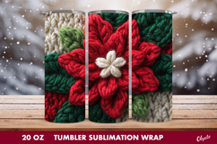 Christmas Poinsettia Tumbler Wrap. Crochet Poinsettia PNG Product Image 1