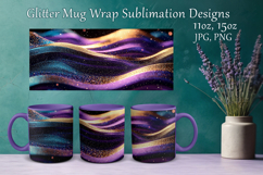 Glitter Mug Sublimation. Golden Violet Waves Design Cup Wrap Product Image 1