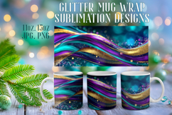 Glitter Mug Sublimation | Teal Gold Waves Design Cup Wrap Product Image 1