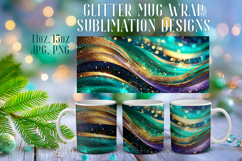 Glitter Mug Sublimation | Emerald Gold Waves Design Cup Wrap Product Image 1