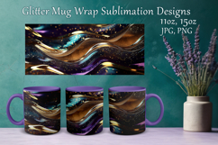 Glitter Mug Sublimation. Golden Waves Design Cup Mug Wrap Product Image 1