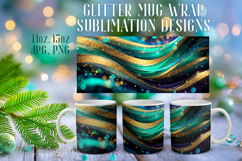 Glitter Mug Sublimation | Emerald Gold Waves Design Cup Wrap Product Image 1