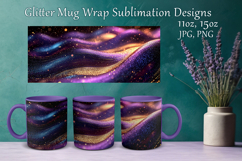 Glitter Mug Sublimation. Golden Violet Waves Design Cup Wrap Product Image 1