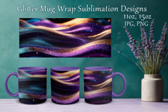 Glitter Mug Sublimation. Golden Violet Waves Design Cup Wrap Product Image 1