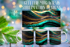 Glitter Mug Sublimation | Emerald Gold Waves Design Cup Wrap Product Image 1