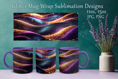 Glitter Mug Sublimation. Golden Violet Waves Design Cup Wrap Product Image 1