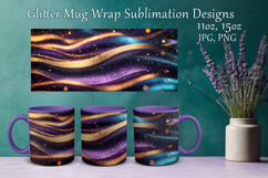 Glitter Mug Sublimation. Golden Violet Waves Design Cup Wrap Product Image 1