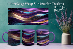 Glitter Mug Sublimation. Golden Violet Waves Design Cup Wrap Product Image 1