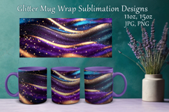 Glitter Mug Sublimation. Golden Violet Waves Design Cup Wrap Product Image 1