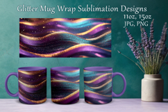 Glitter Mug Sublimation. Golden Violet Waves Design Cup Wrap Product Image 1