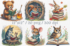 Woodland Animals with Books Clipart, 20 png Product Image 2