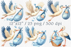 Stork and Baby Boy Shower Clipart, 25 PNG Product Image 2