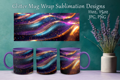 Glitter Mug Sublimation. Golden Violet Waves Design Cup Wrap Product Image 1