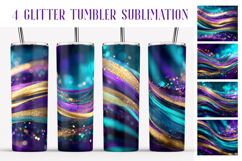 Glitter Tumbler Sublimation. Violet Teal Gold Waves Tumbler Product Image 1
