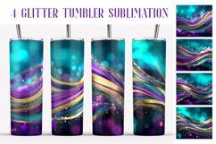 Glitter Tumbler Sublimation. Violet Teal Gold Waves Tumbler Product Image 1