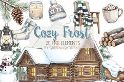 Watercolor Cozy Winter Cabin Clipart, Snowy Winter Graphics Product Image 1