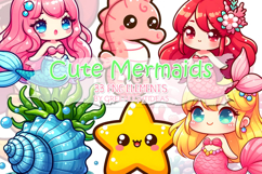Cute Mermaids Clipart, Kawaii Sea Life Graphics, Ocean PNG Product Image 1
