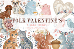 Folk Valentines Clipart, Romantic Animals Graphics PNG Product Image 1