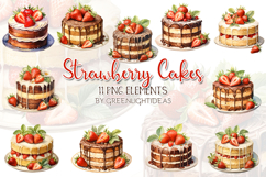 Watercolor Strawberry Cakes Clipart, Birthday Cakes Graphics Product Image 1