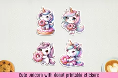 Cute unicorn with donut printable stickers. PNG, JPG Product Image 1