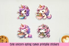 Unicorn eating ramen printable stickers. PNG, JPG. Product Image 1