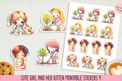 Cute girl and her kitten printable stickers 4. PNG. Product Image 1