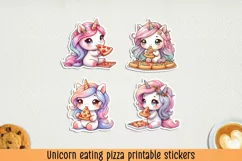 Cute unicorn eating pizza printable stickers. PNG, JPG Product Image 1