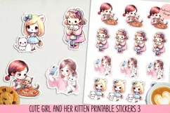 Cute girl and her kitten printable stickers 3. PNG. Product Image 1