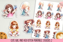 Cute girl and her kitten printable stickers 2. PNG. Product Image 1