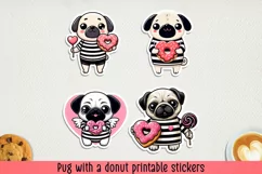 Pug with a donut printable stickers. PNG, JPG. Product Image 1