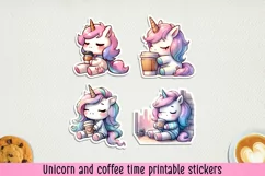 Unicorn and coffee time printable stickers. PNG, JPG Product Image 1