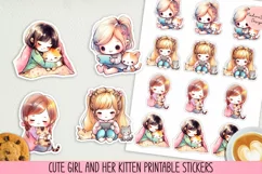 Cute girl and her kitten printable stickers. PNG. Product Image 1